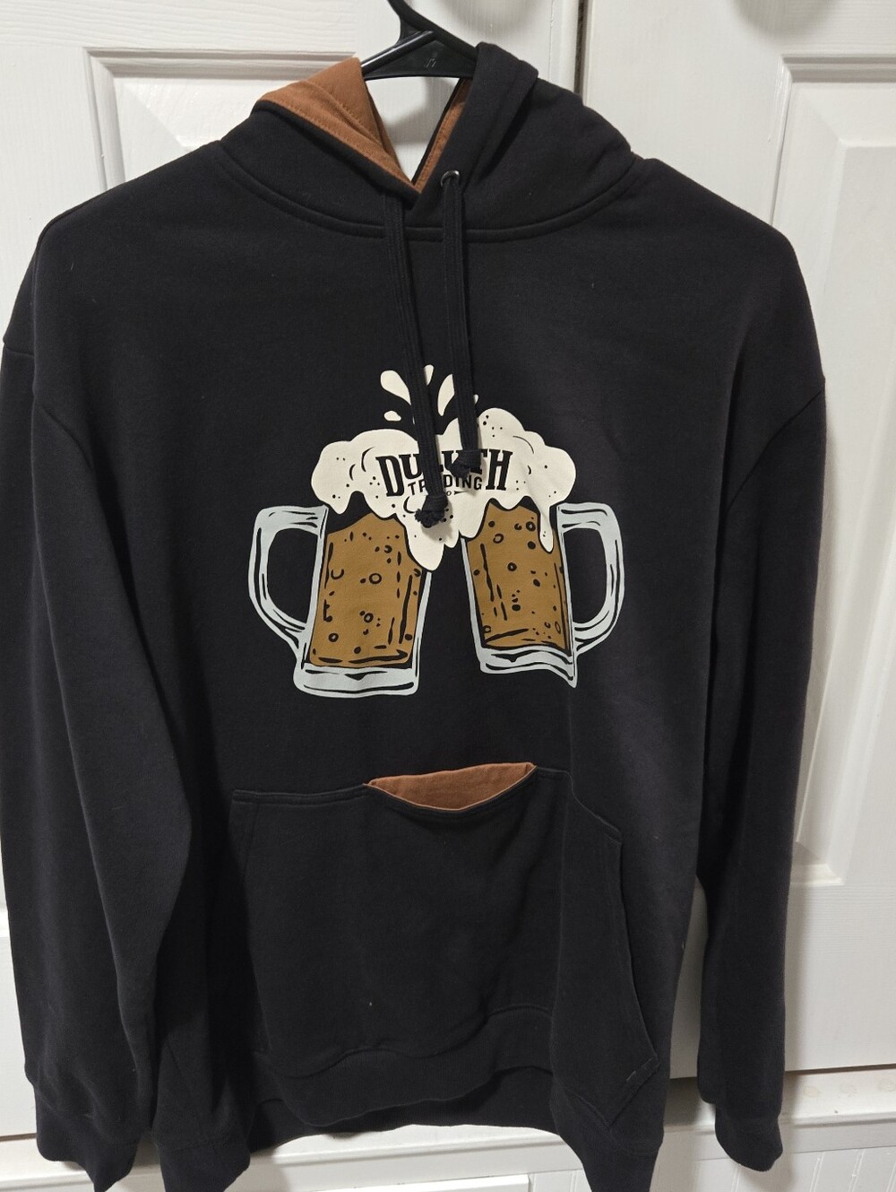 Oversized Duluth Trading Co. Black Graphic Hoodie with Beer Mug Design, Mens Med
